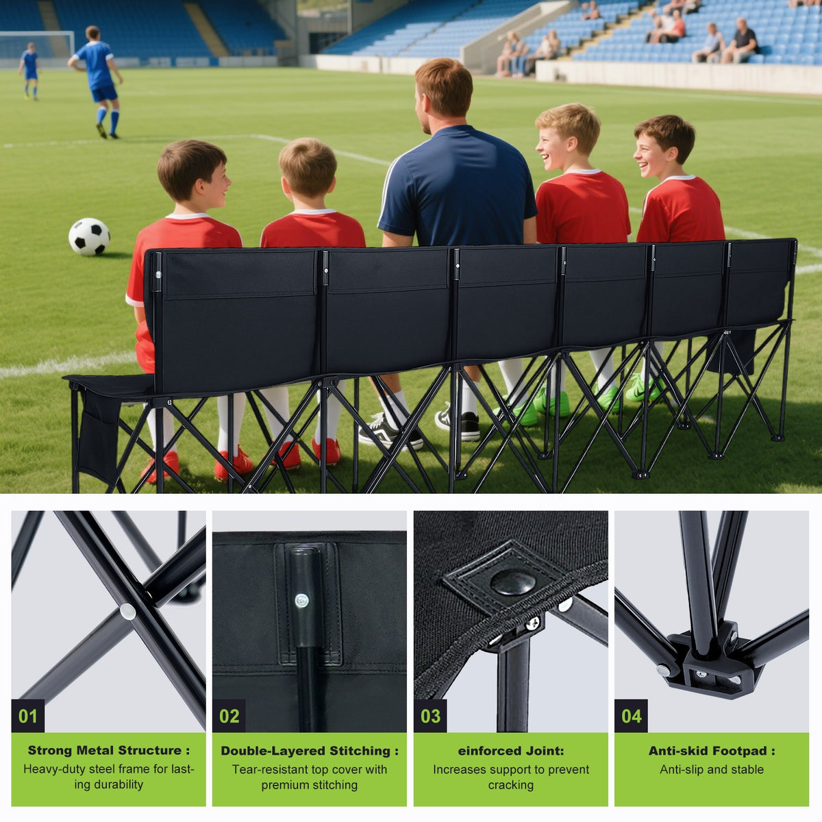 6 Seat Folding Sports Bench with Backrest & Storage for Stadium & Camping