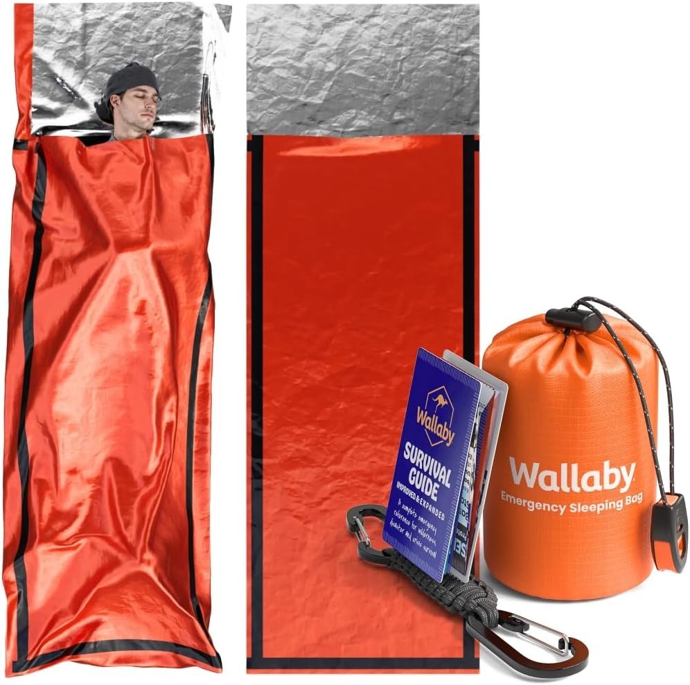 2-Pack Emergency Mylar Sleeping Bags with Pouch, Whistle, Paracord & Carabiners