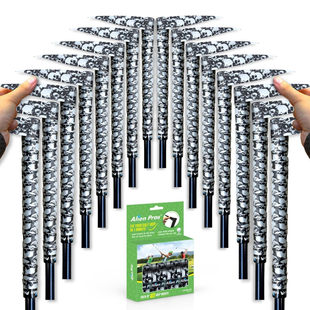 Golf Grip Wrapping Tape 16-Pack - Regrip Clubs Quickly, Skull Black