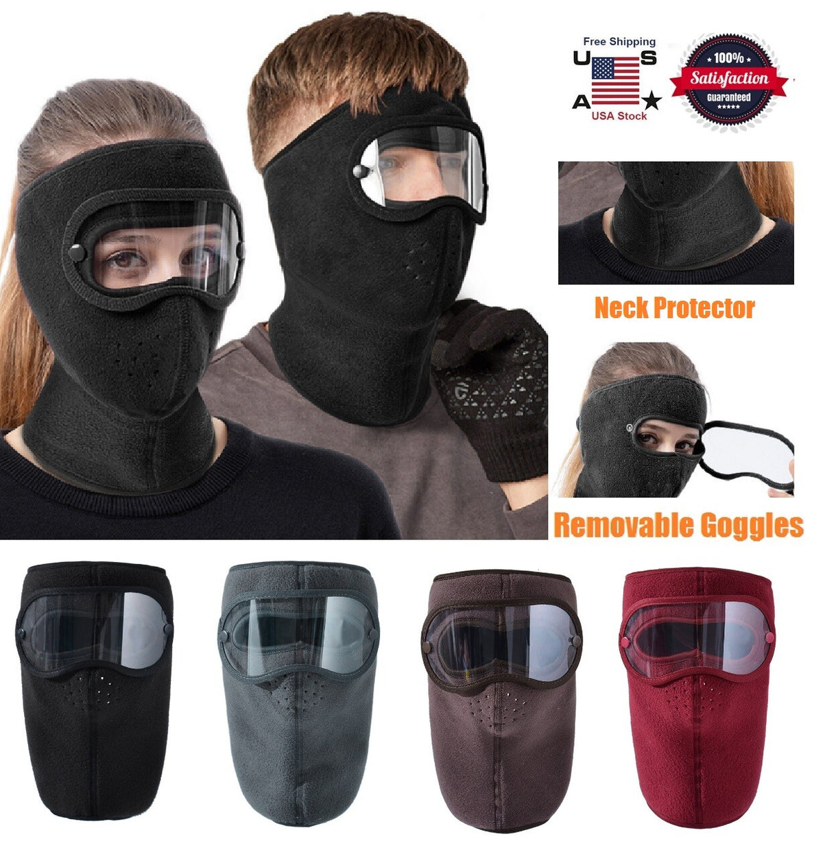 Windproof Fleece Winter Balaclava Face Mask with Anti-Fog Goggles