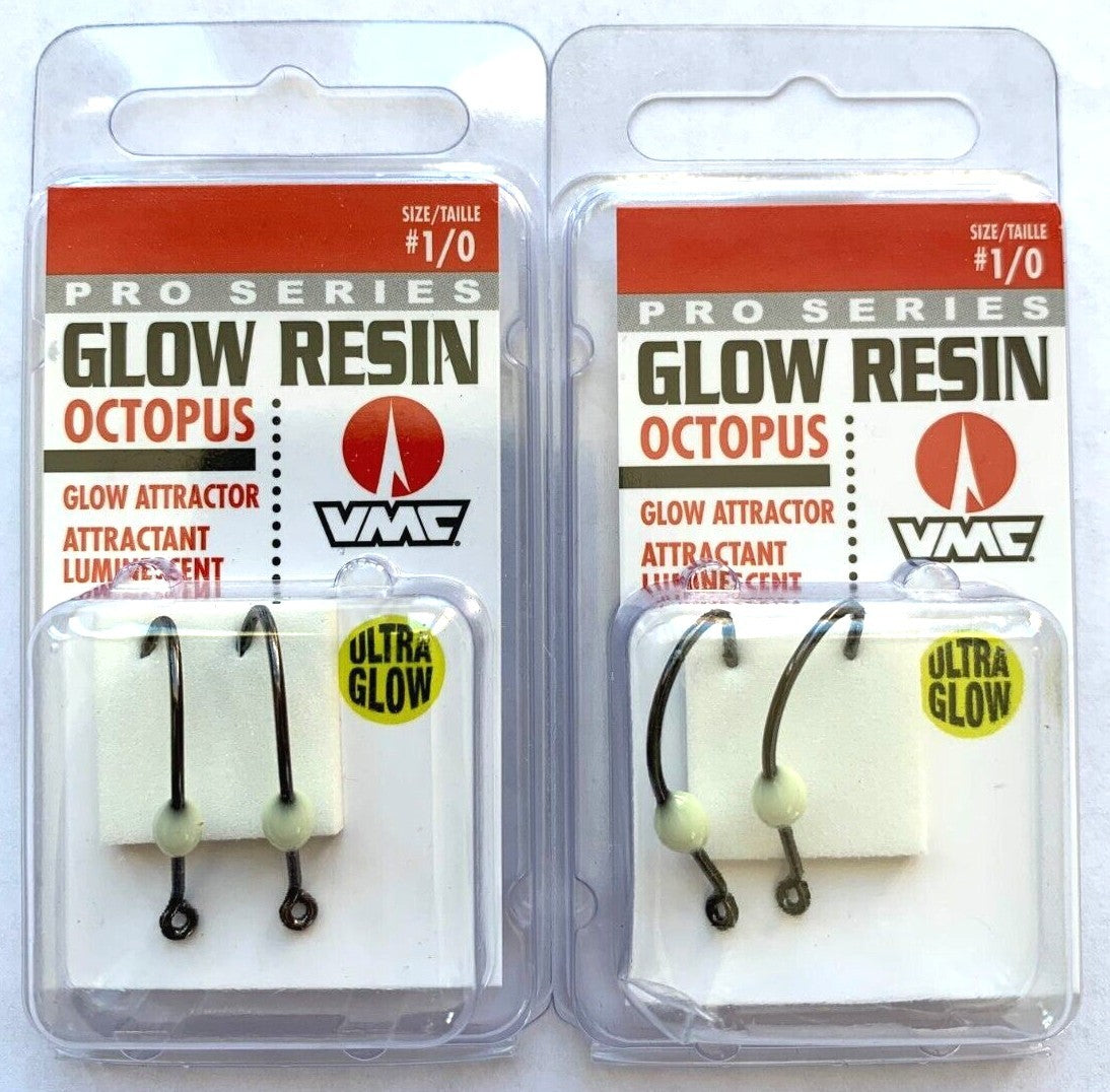 Glow Resin Octopus Hooks Size 1/0 - Fishing Hooks with Glow Bead