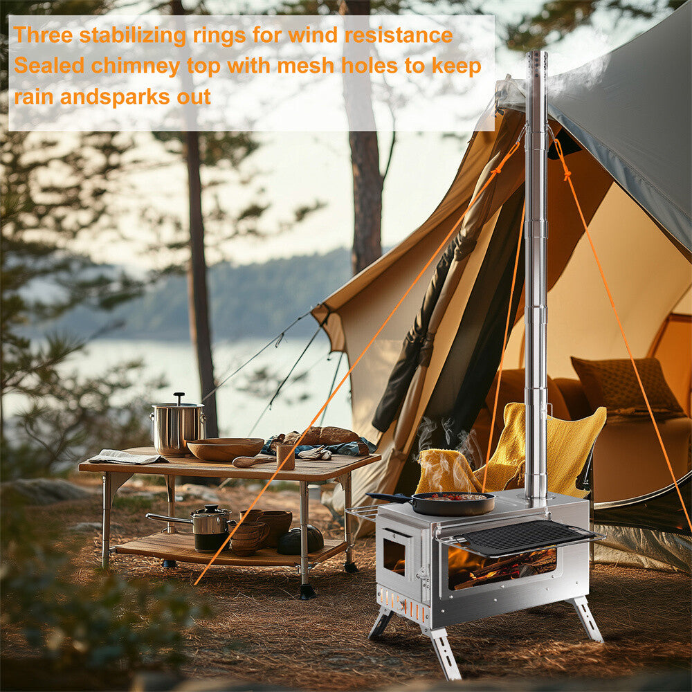 Portable Camping Wood Stove with Chimney Pipes, Tools, Bag & Ground Stakes