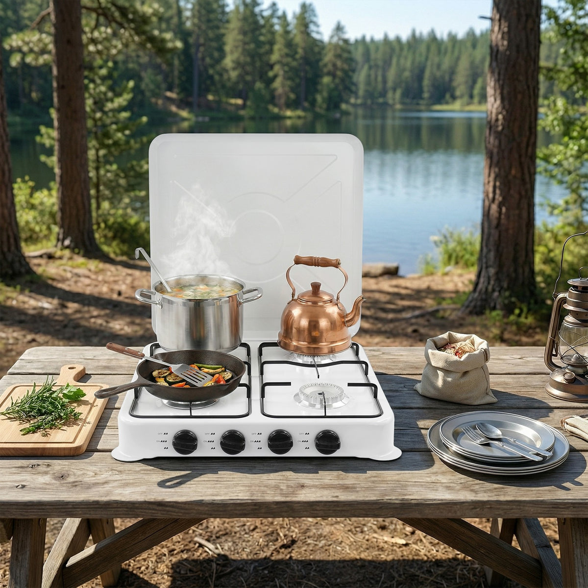 Portable 4-Burner Gas Camping Stove with High Power & Safety Features