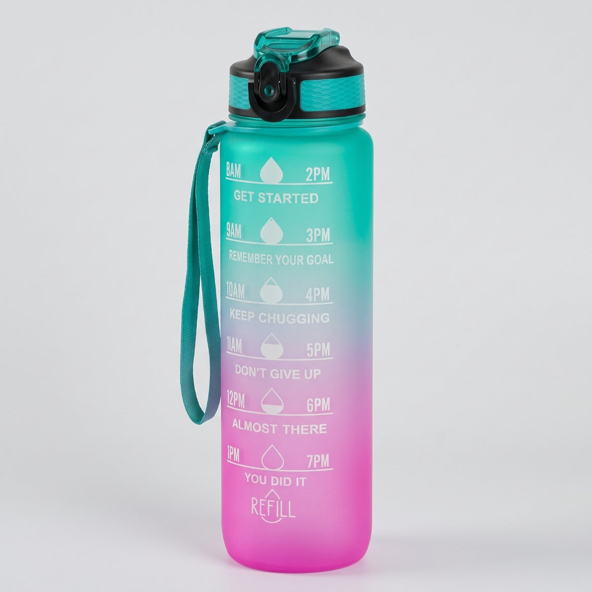 1L Motivational Water Bottle with Time Marker and Straw - BPA Free Tritan, Green Pink Gradient