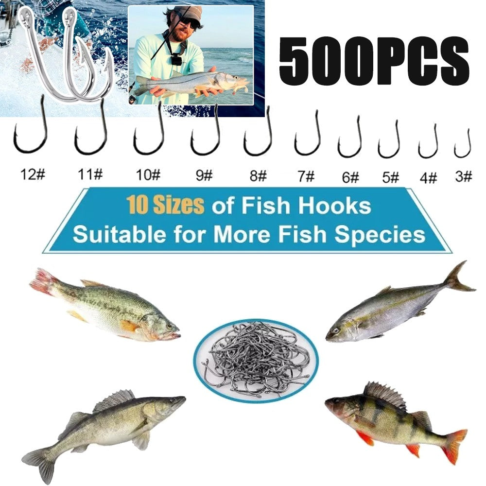 500pcs Fishing Hooks Set in 10 Sizes - Carbon Steel Sharpened Hooks with Storage Box