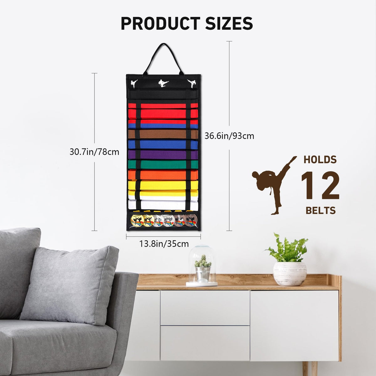 12-Slot Karate Belt Display Rack with Medal Storage – Taekwondo/Martial Arts Wall Organizer