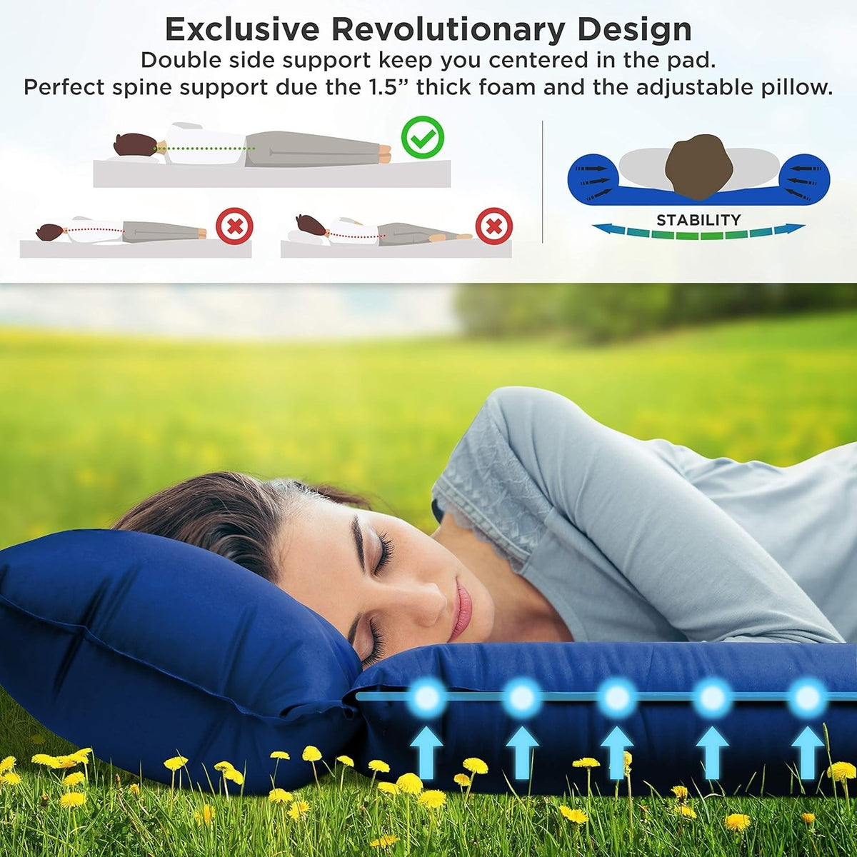 Self-Inflating Camping Sleeping Pad with Pillow & Armrest - Extra Thick 2 Inch