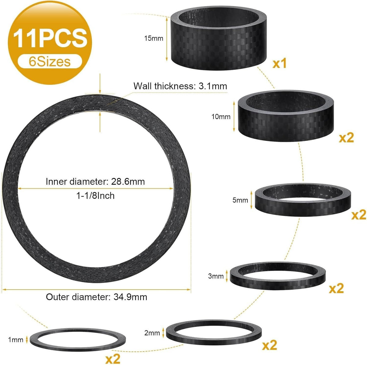 Bike Carbon Fiber Headset Spacers Set - 6 Sizes for 1-1/8 Inch Stems, Matte Black