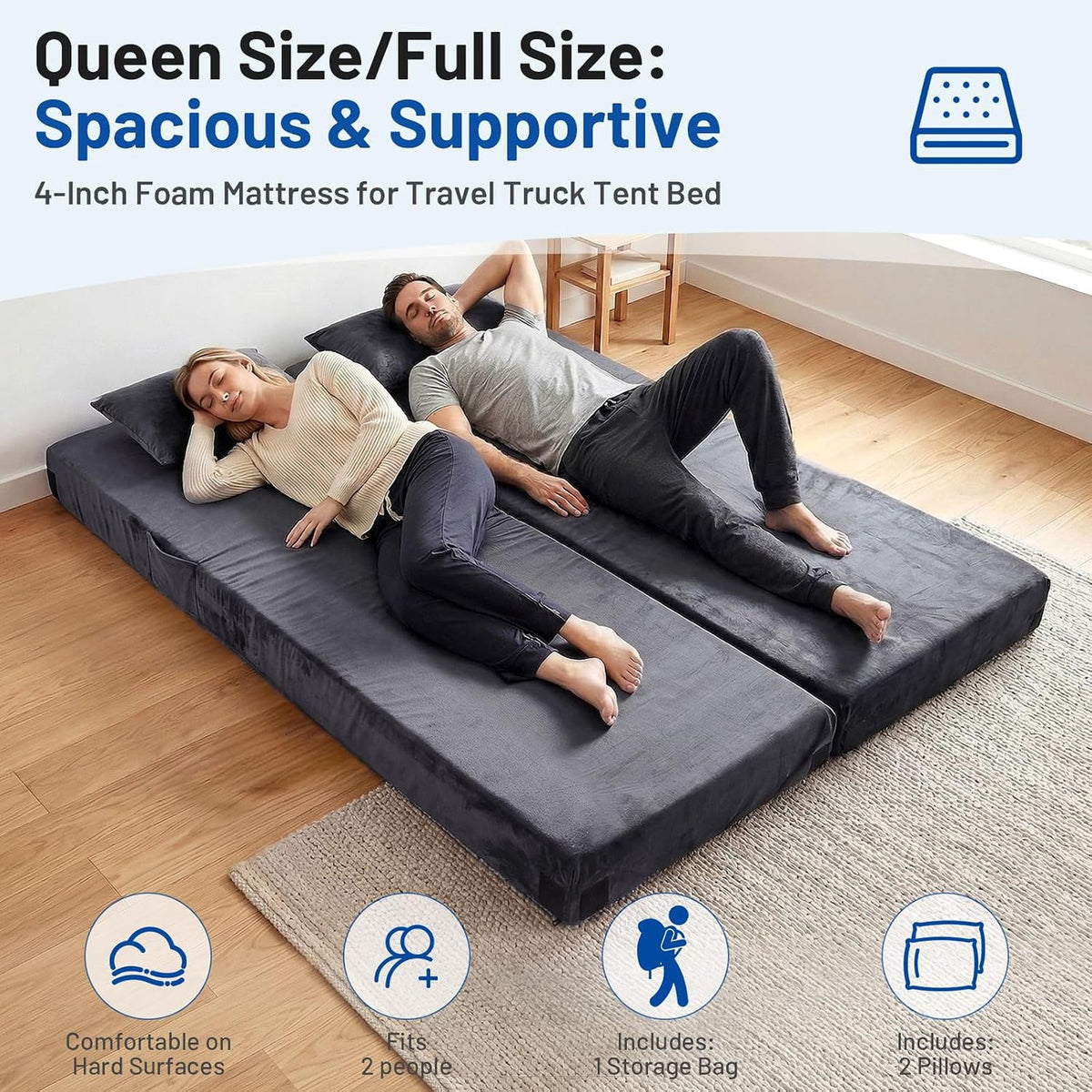 Extra Thick Memory Foam Camping Mattress Pad with Pillow - 4 Inch Support