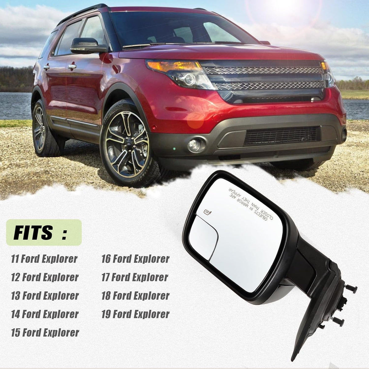 Ford Explorer Passenger Side Power Heated Mirror with Turn Signal & Puddle Light - 2011-2019 Replacement