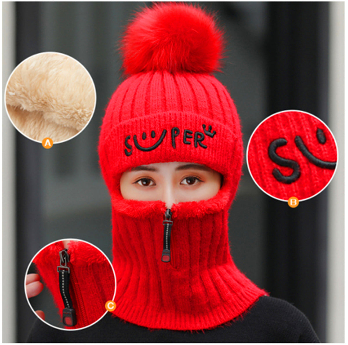 Double-Layer Fleece Winter Hat Beanie with Face and Neck Cover - Multiple Colors