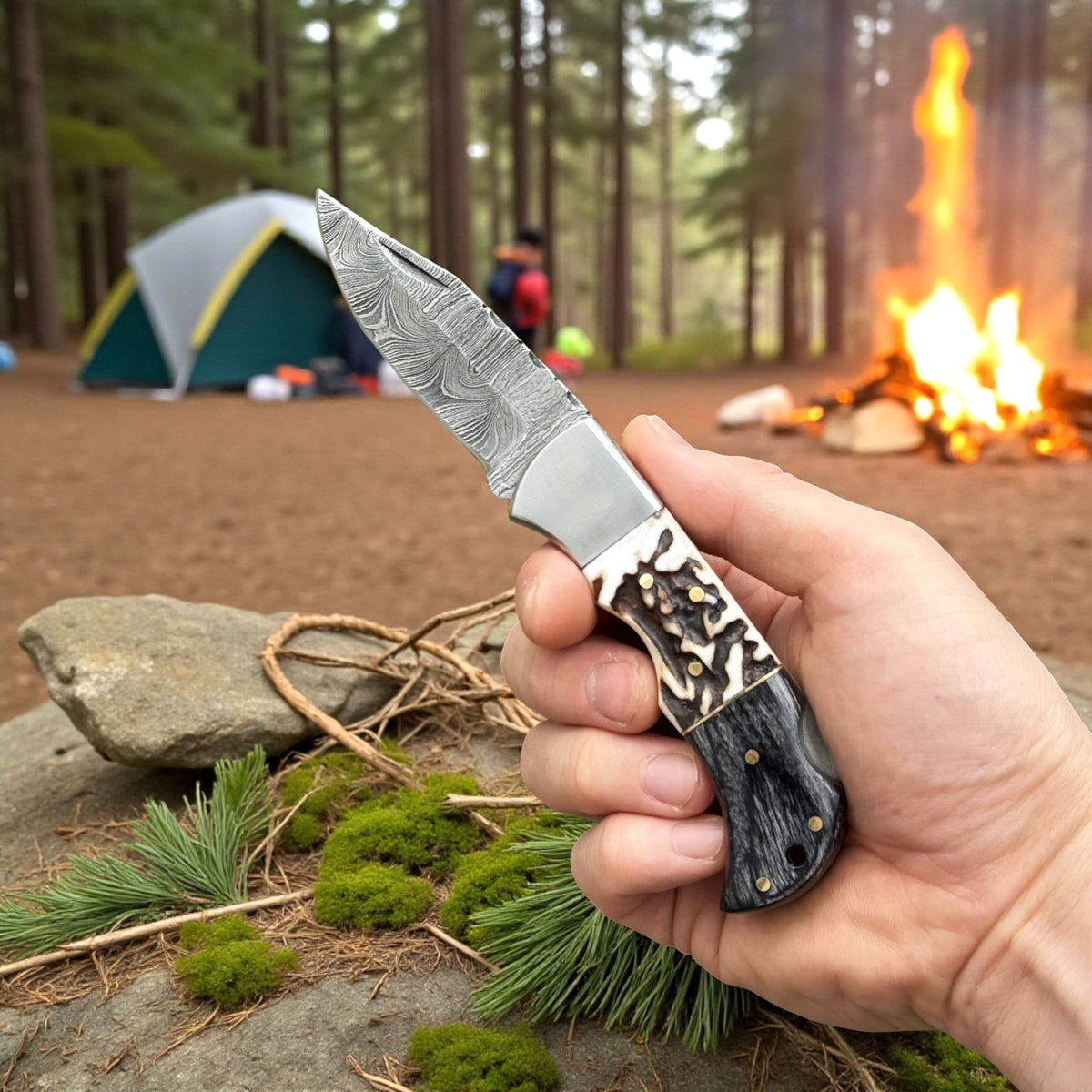 Custom Damascus Folding Knife with Stag Horn & Pakkawood Handle