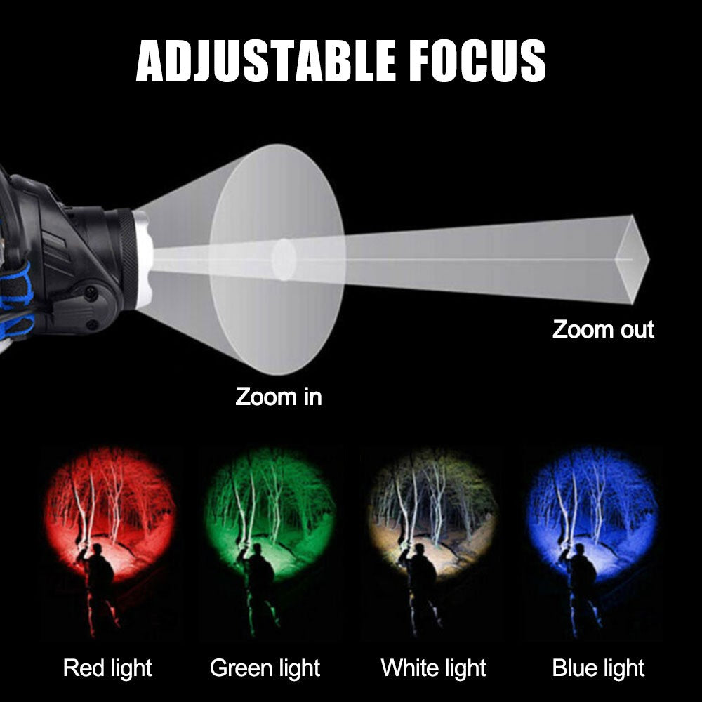 4-in-1 LED Headlamp with Red Green Blue White Light, Rechargeable Outdoor Head Torch