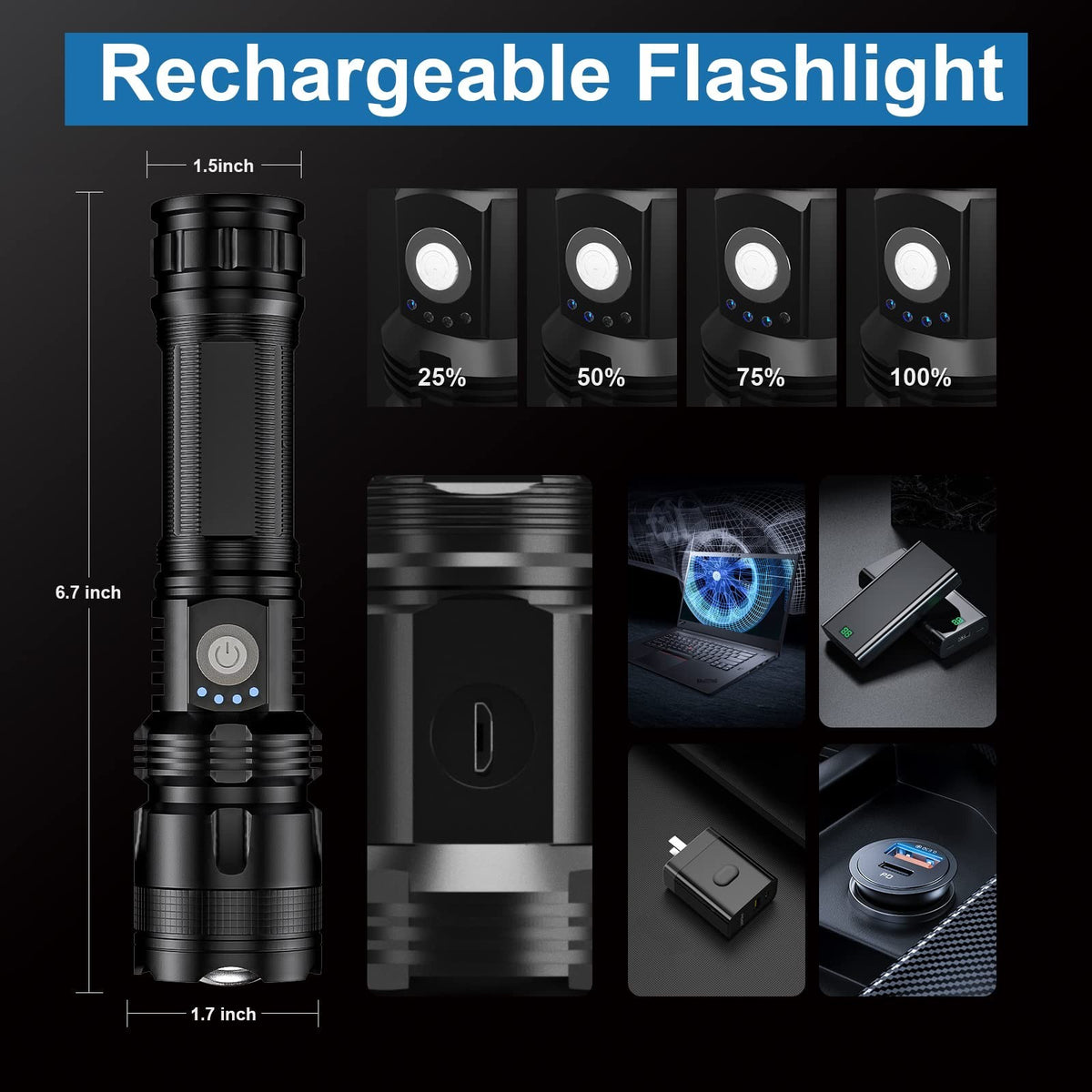 Super Bright 90,000 Lumens Rechargeable Waterproof LED Flashlight - 2 Pack
