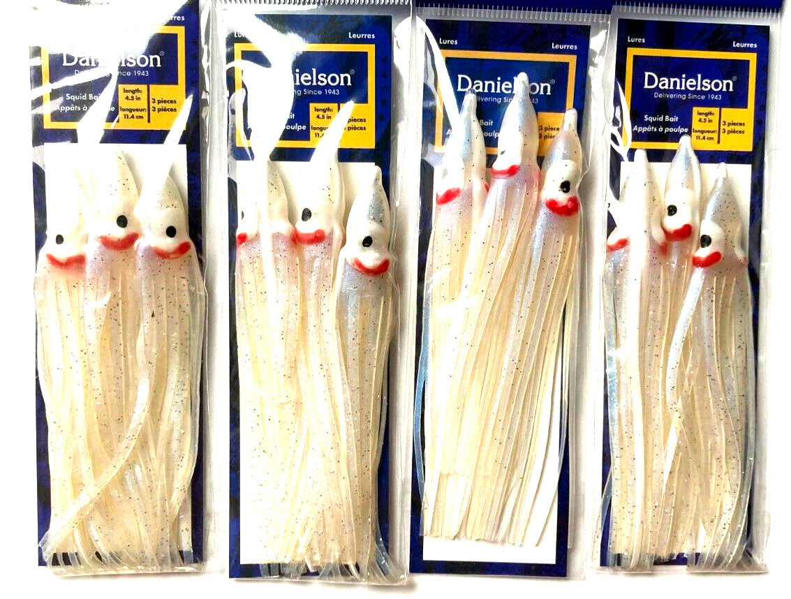 Pearl Glow Squid Baits - 4.5 Inch Fishing Lures for Salmon and Larger Gamefish (4 Pack)