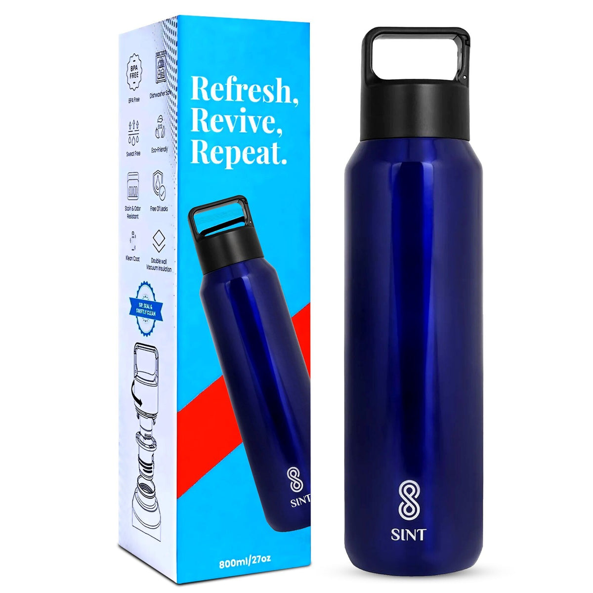 Insulated Stainless Steel Sports Water Bottle - Leak Proof, Sweat-Free, 27 Oz