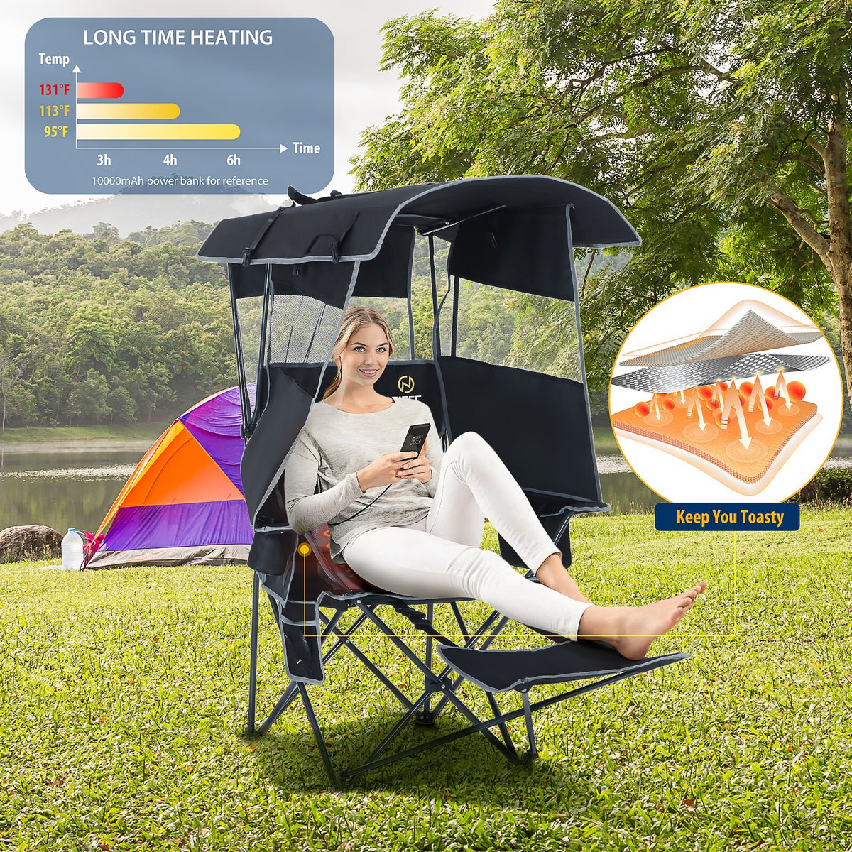 Heated Outdoor Camping Chair with Canopy and Footrest - Portable Shade