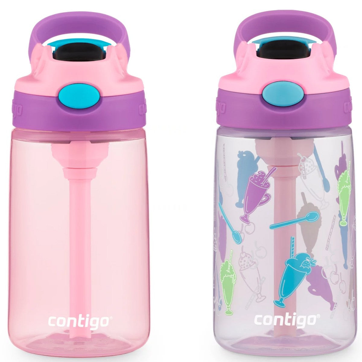 Kids Water Bottle 14 oz with Autospout Straw 2-Pack, Durable Plastic