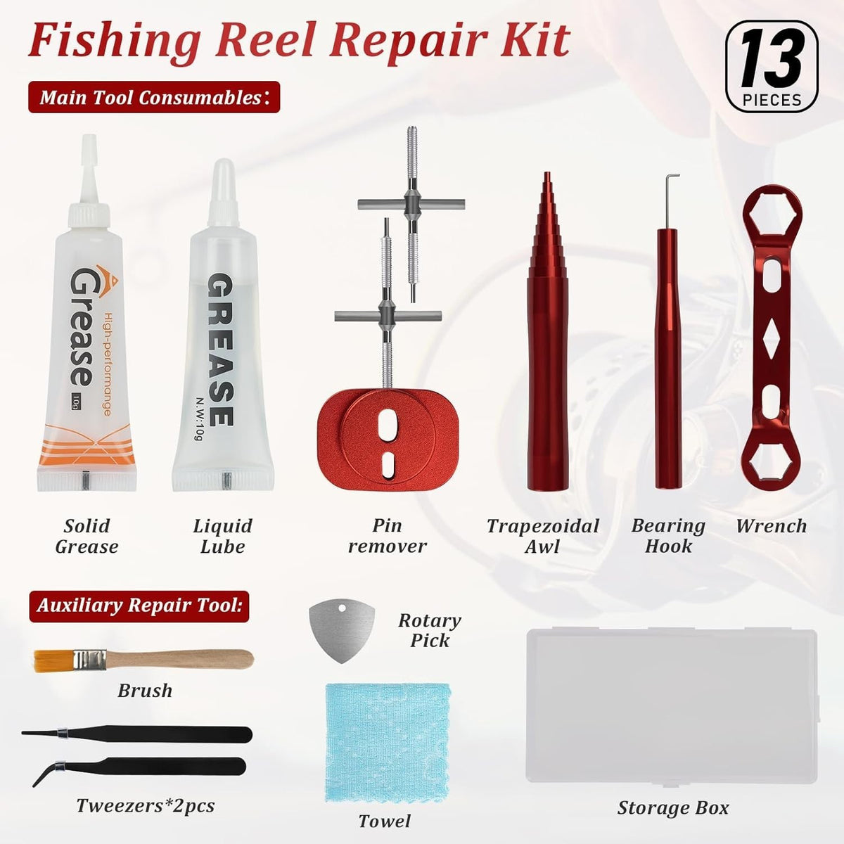Fishing Reel Repair Tool Kit 13 Pcs for Maintenance & Cleaning