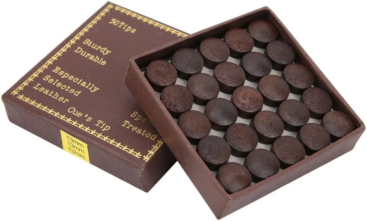 13mm Cowhide Billiard Cue Tips - 50 Pack Brown-Red Replacement Tips