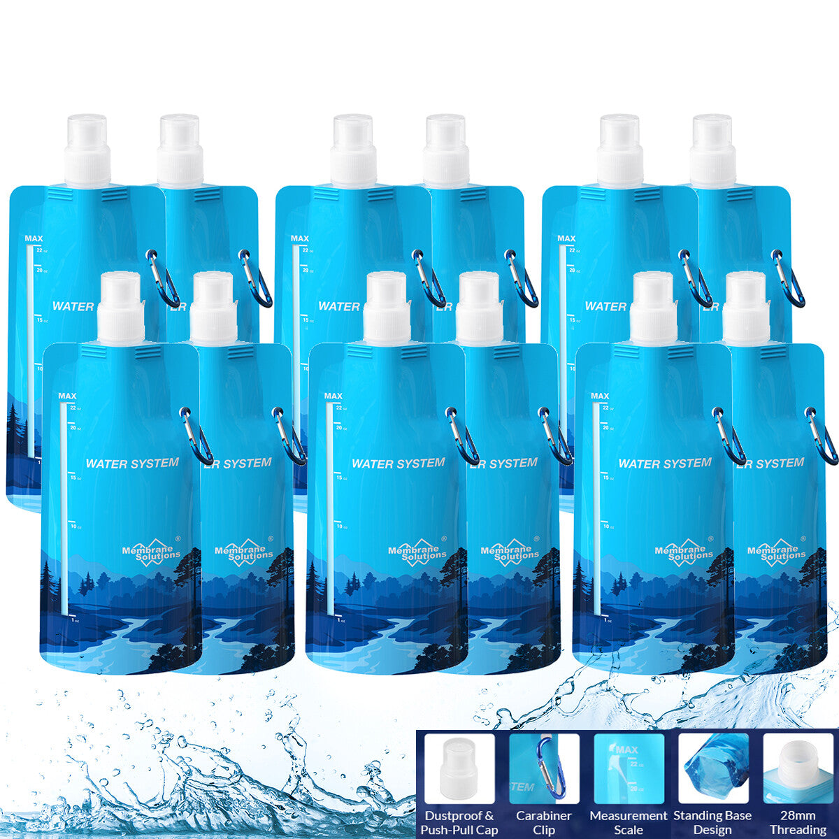 12 Pack Collapsible Water Bottles 680mL for Hiking Camping Travel