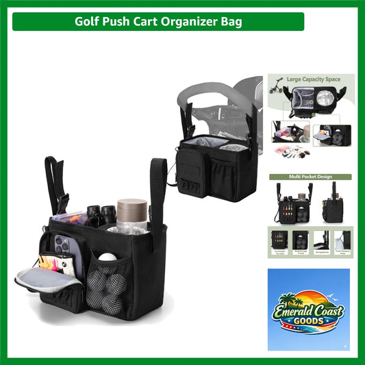 Golf Push Cart Organizer with Insulated Cup Holder & Storage Pockets