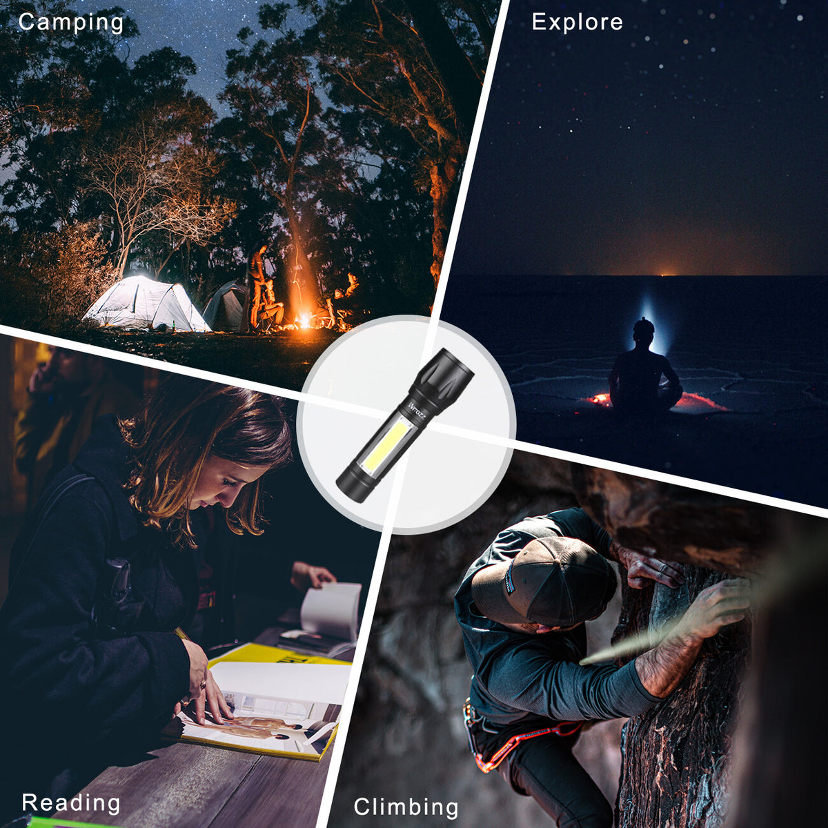 Rechargeable COB LED Flashlight 2 Pack - 3 Modes, Zoom, Side Light