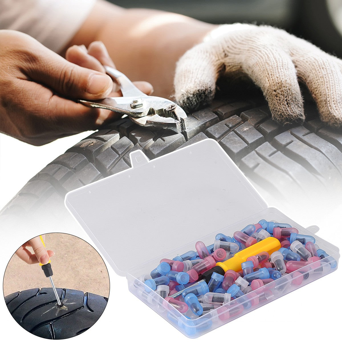100Pcs Tire Repair Kit with Rubber Nails & Screwdriver for Puncture Repair