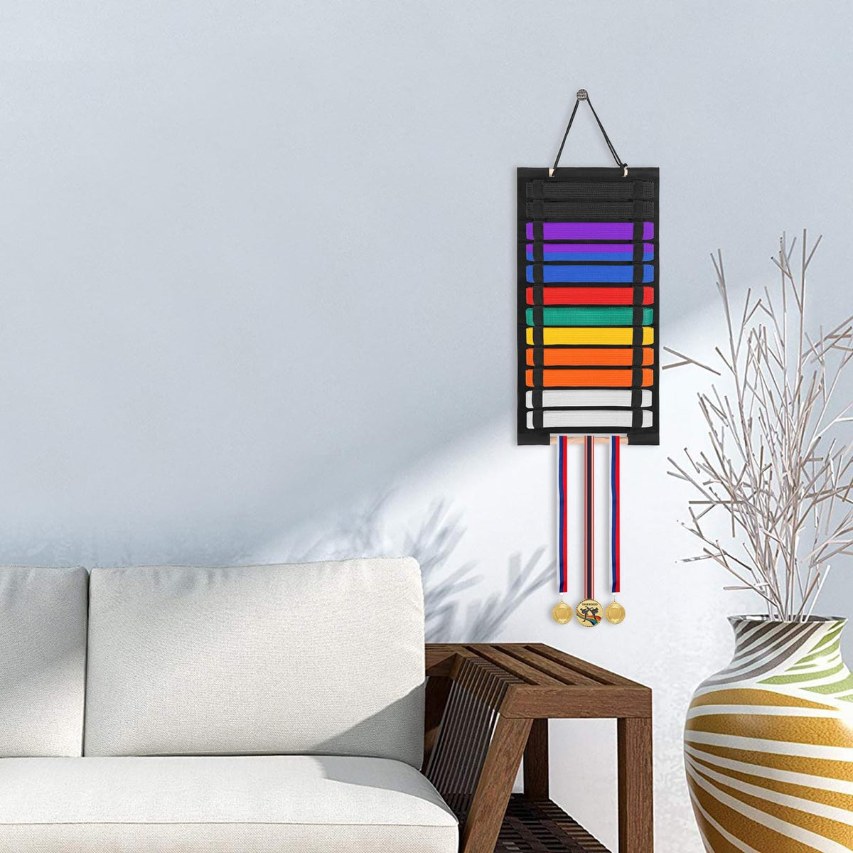 Martial Arts Belt Display Rack for Karate Taekwondo BJJ with Medal Holder