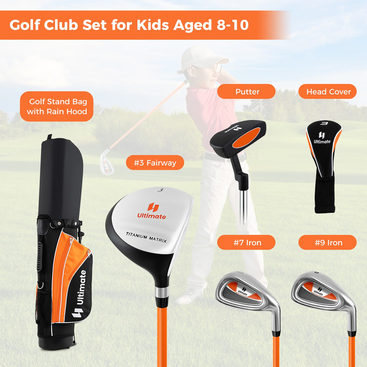 Kids 28-Inch Complete Golf Club Set with Stand Bag - Yellow, Beginner Friendly