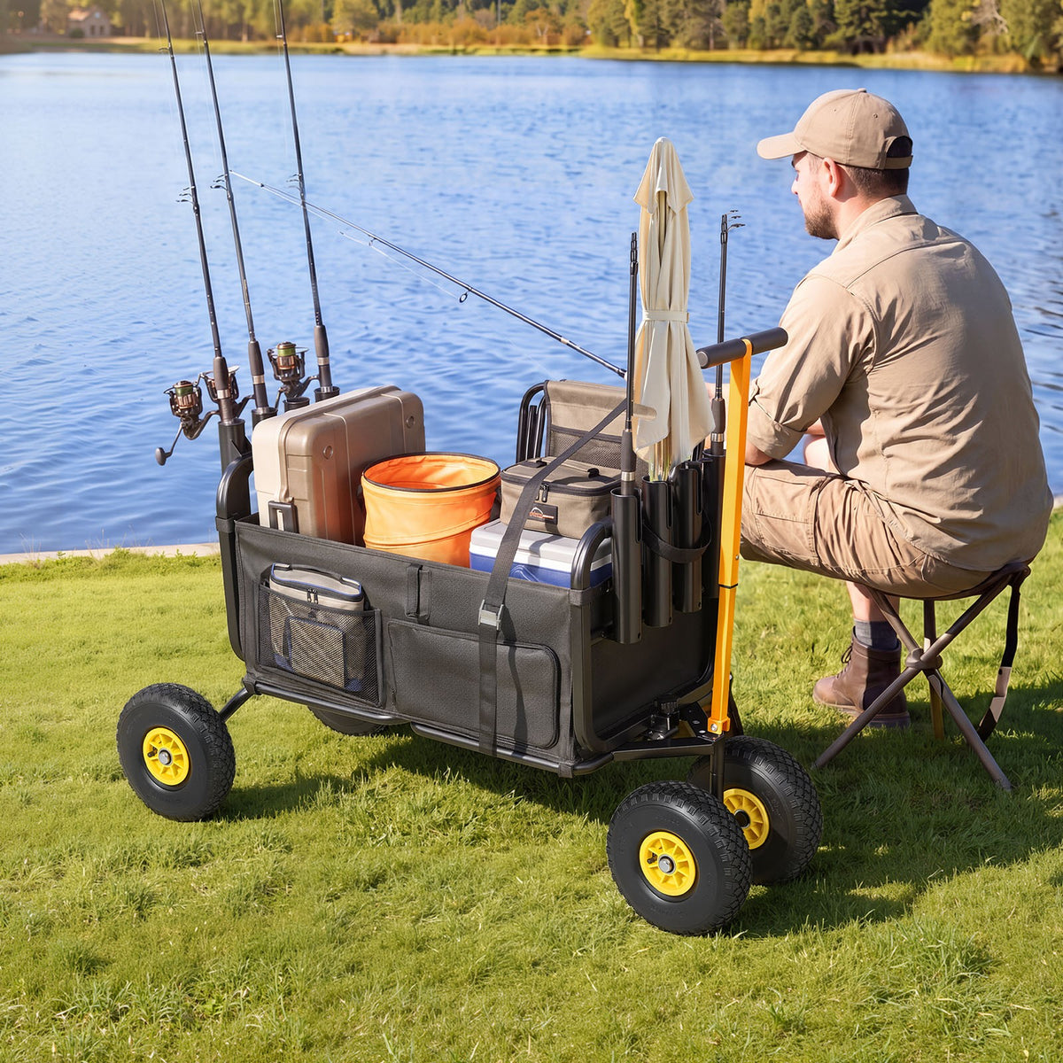 Foldable Fishing Cart 300 lbs with All-Terrain Rubber Wheels and Carbon Steel Frame