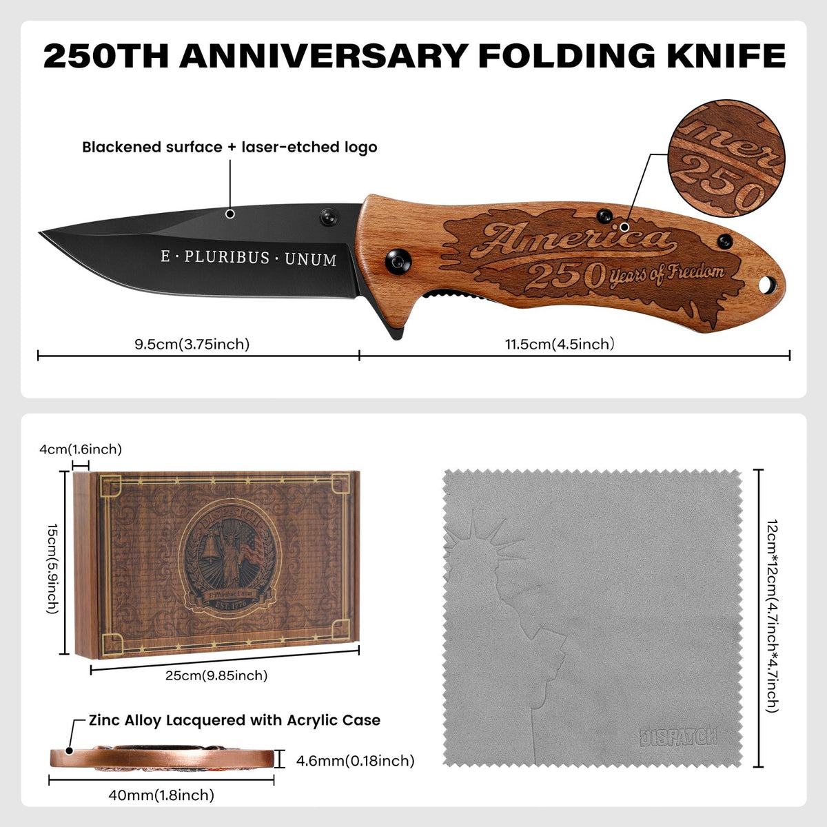 Patriotic 250th Anniversary Collectible Pocket Knife & Coin Set with Handle Options