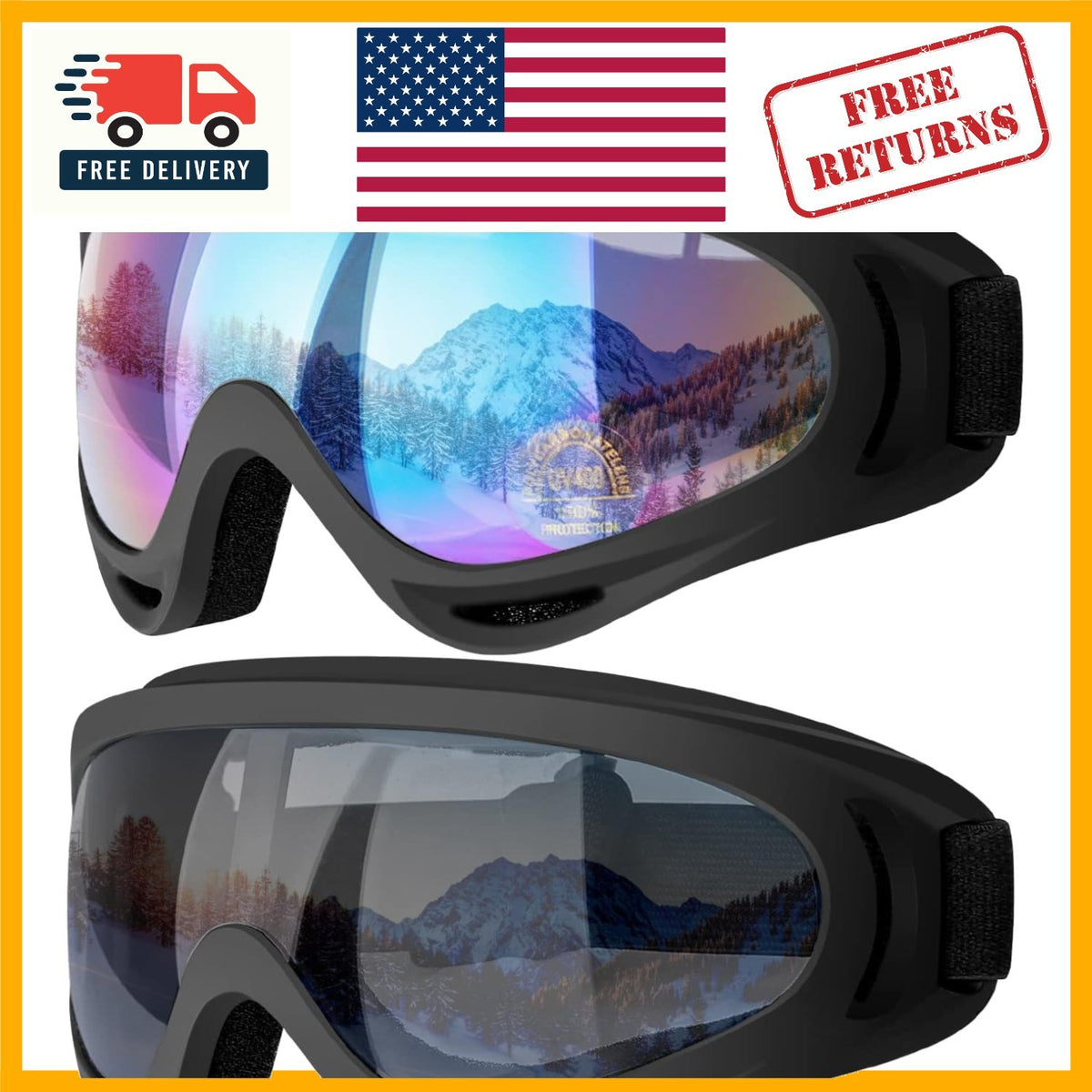 Universal Fit Ski & Snowboard Goggles 2 Pack with UV Protection