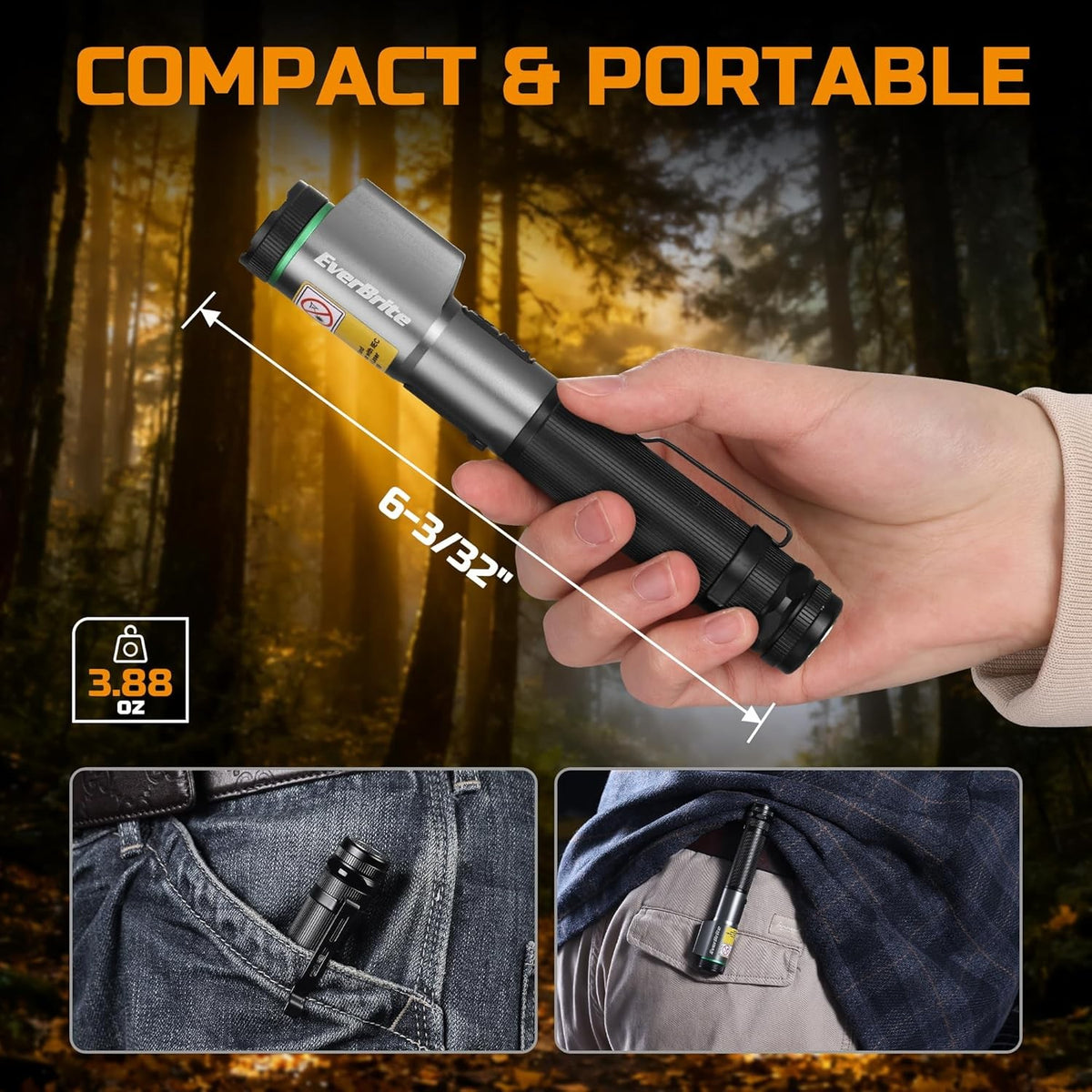 USB-C Rechargeable LED Flashlight with Green Laser Pointer, 500 Lumens, Magnetic & Zoomable Worklight