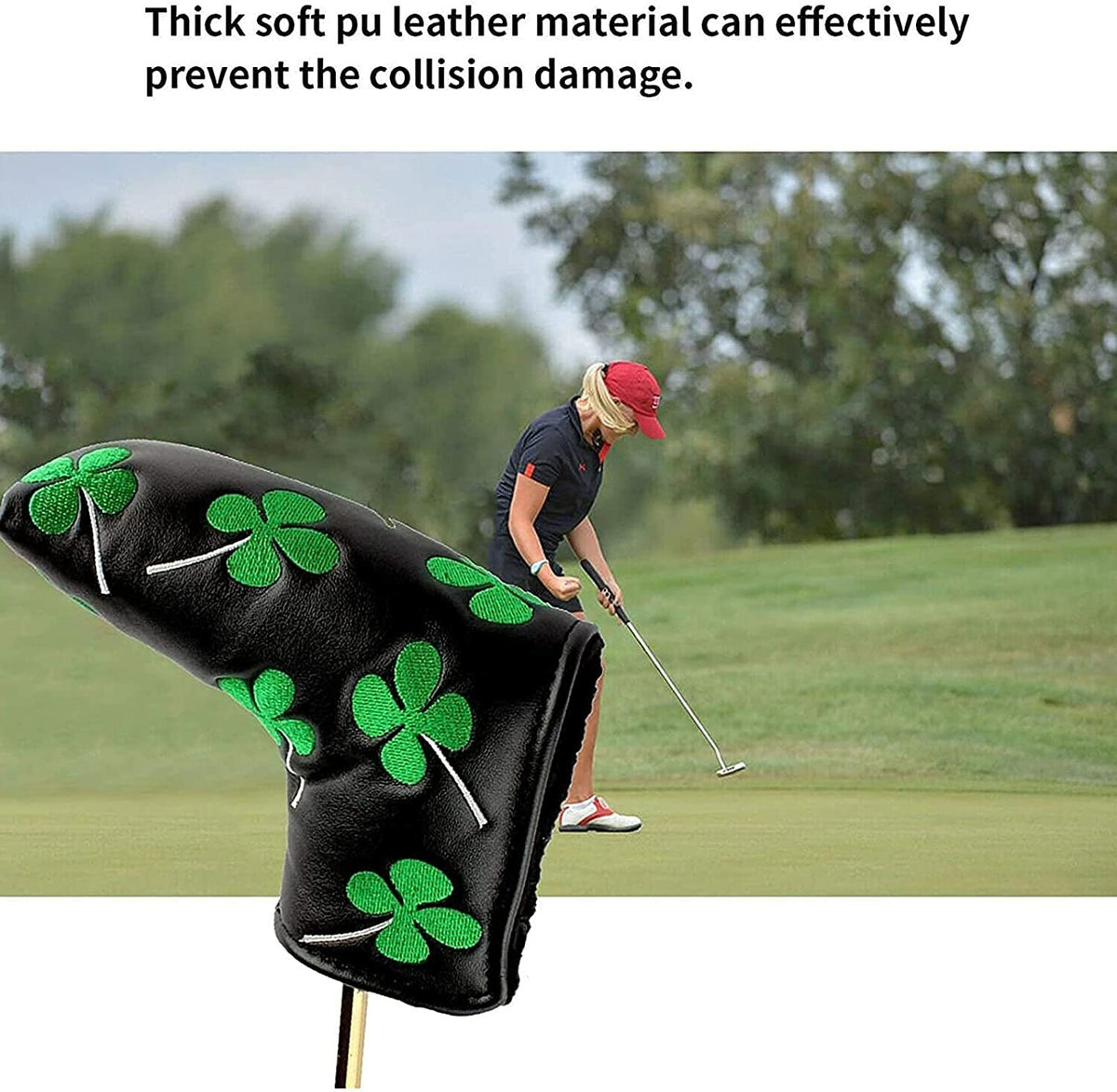 Lucky Clover Leather Putter Head Cover for Blade Golf Clubs - Black