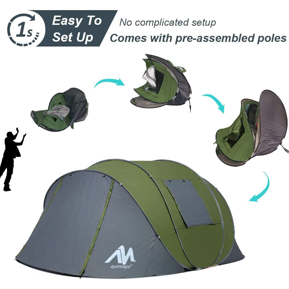 5-6 Person Waterproof Pop Up Camping Tent with Vestibule & Mesh Windows