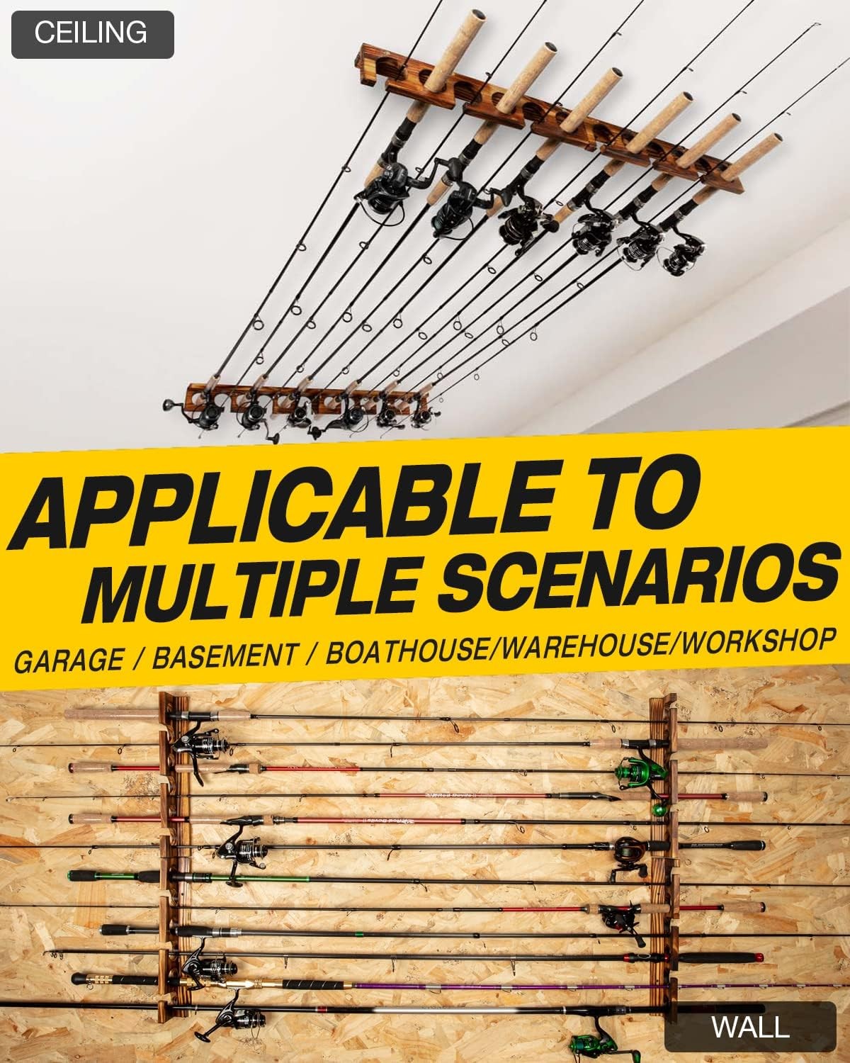 Wall & Ceiling Mount Fishing Rod Holder Rack for Up to 12 Rods, Durable Hardwood Storage Organizer