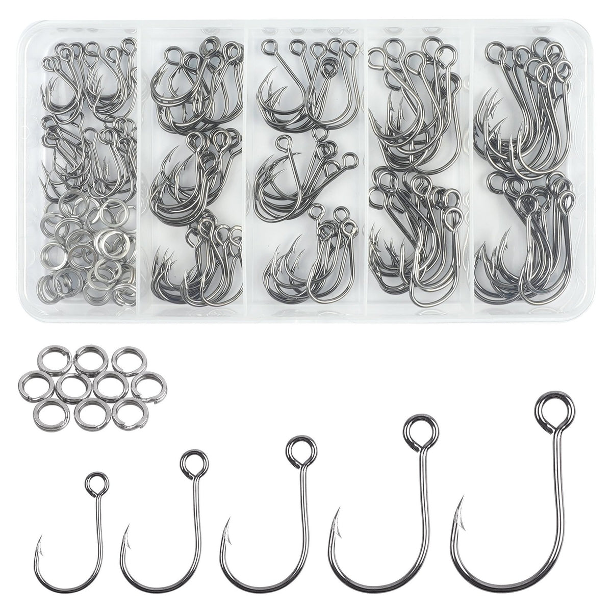 150pcs Inline Fishing Hooks Kit with Split Rings for Saltwater & Freshwater Lures