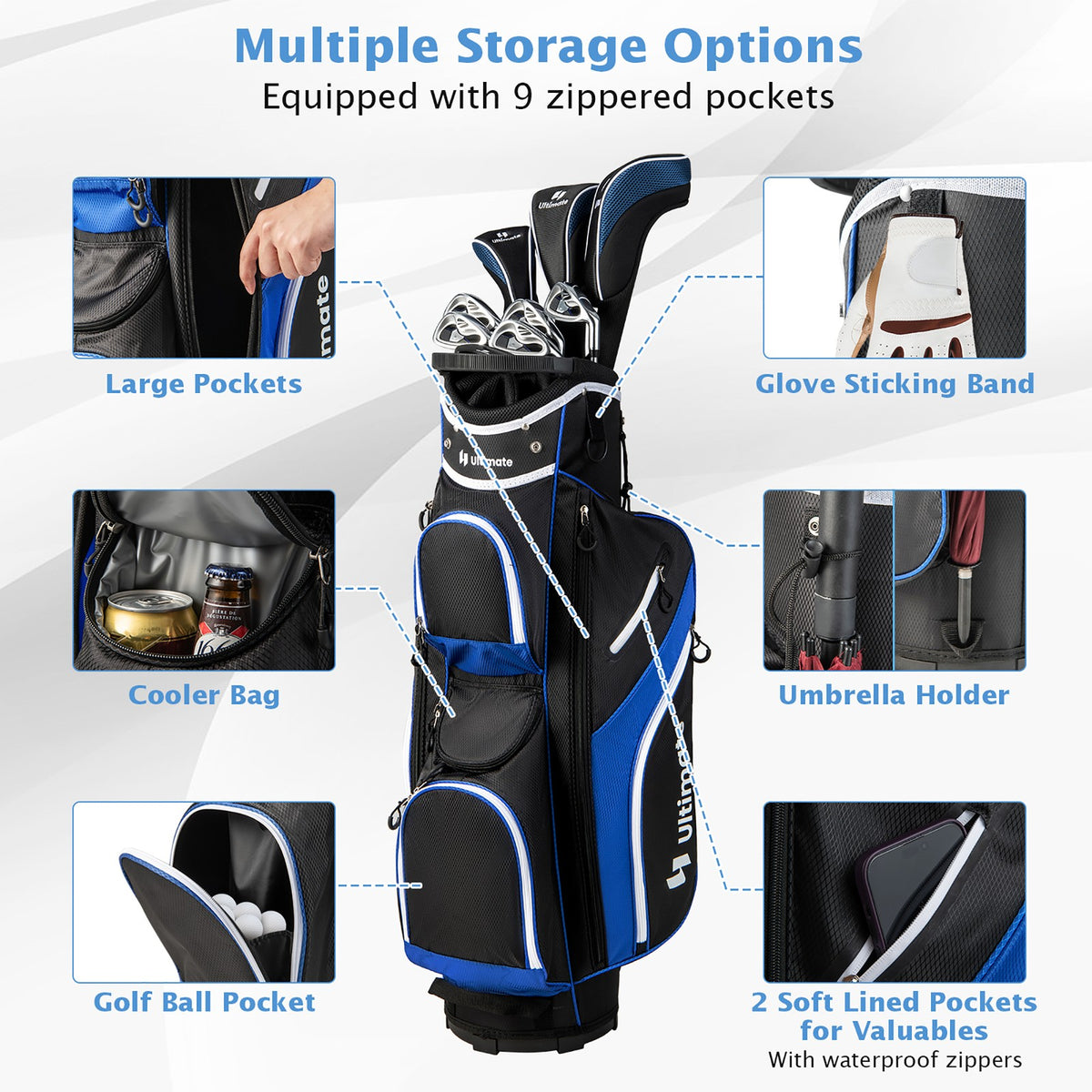 Lightweight Golf Cart Bag with 14-Way Dividers, Waterproof Pockets & Rain Hood - Blue