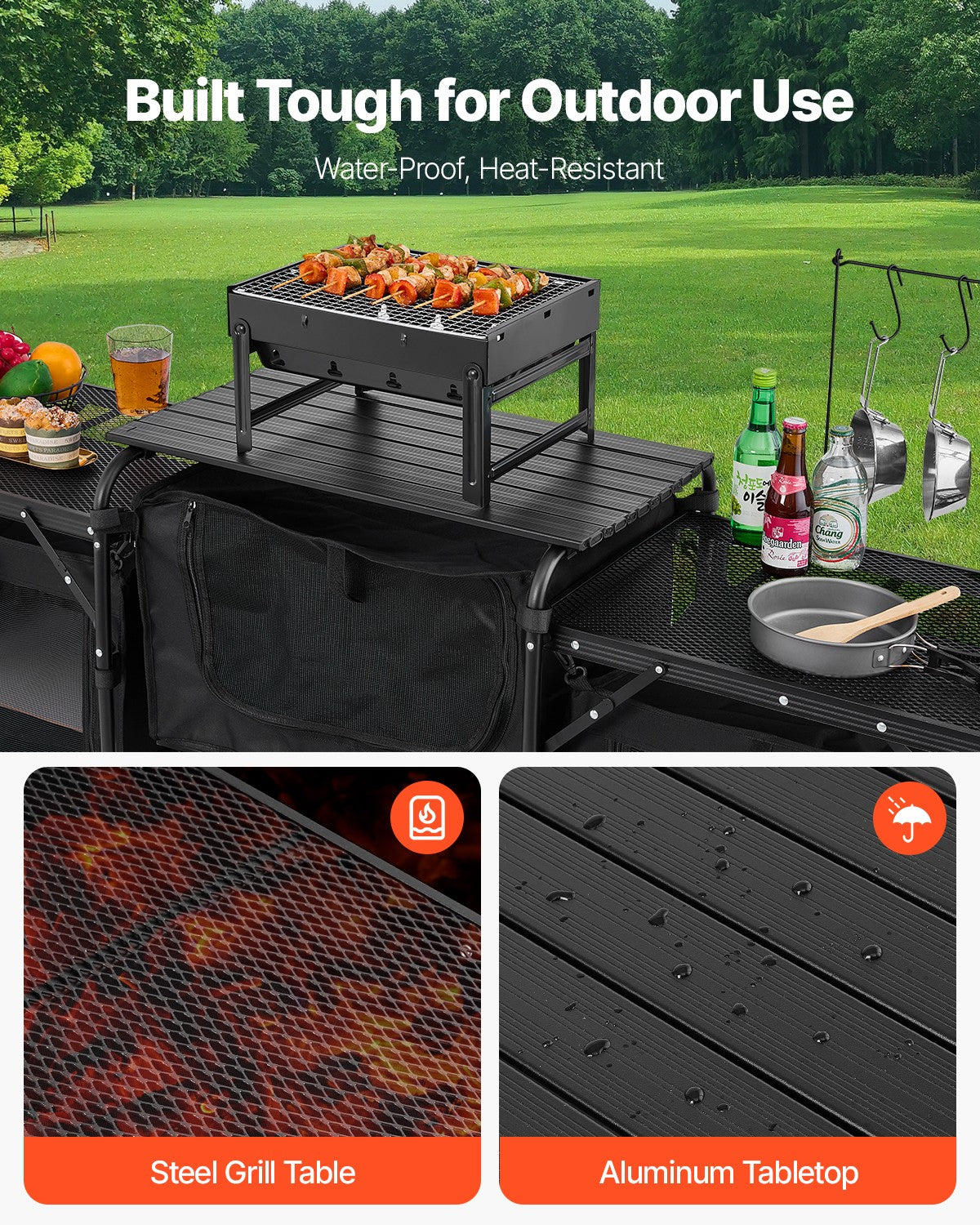 Portable Camping Kitchen Table with Windshield and Storage Compartments