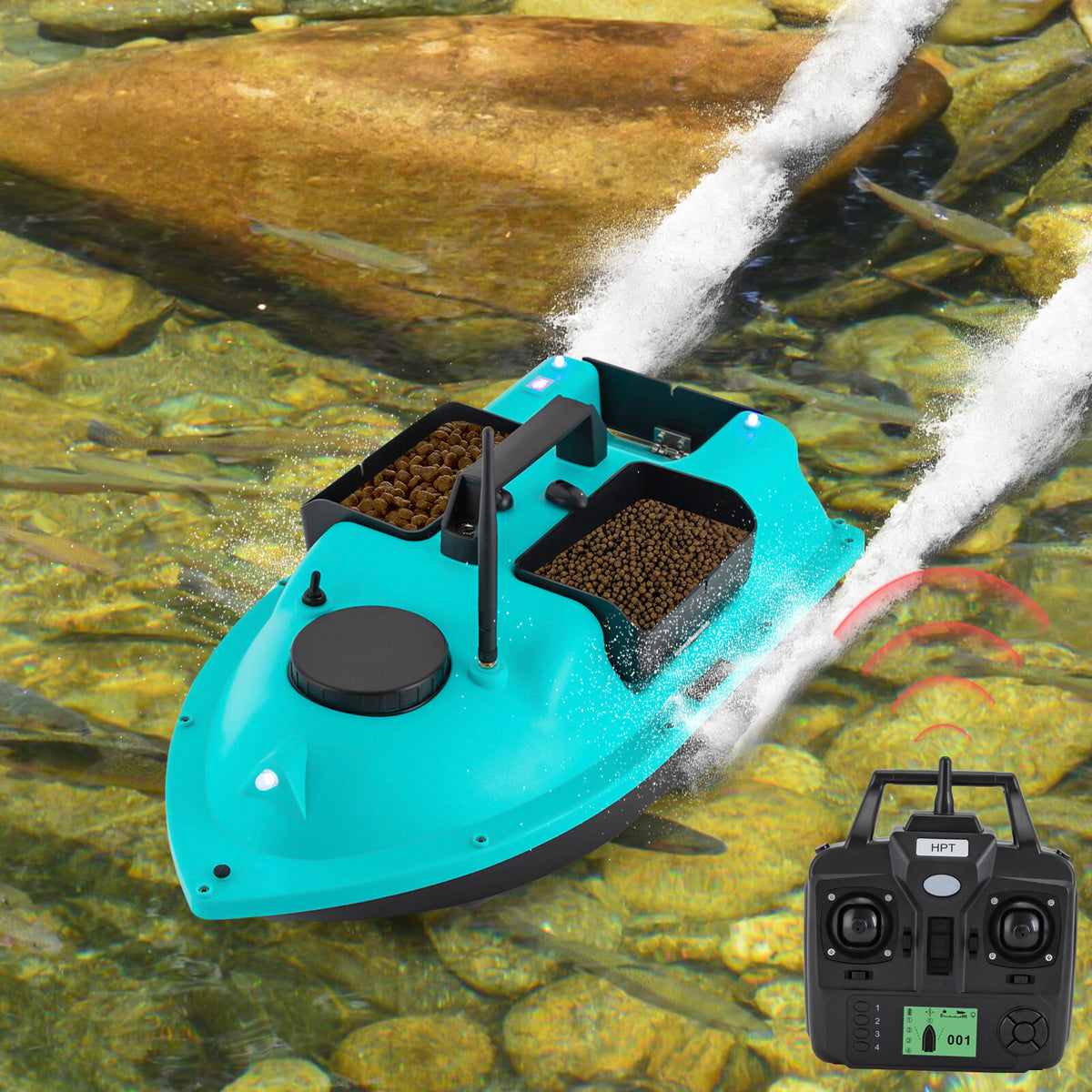 RC Fishing Bait Boat with Dual Motors, 5200mAh Battery, LED Light for Sea Lake River