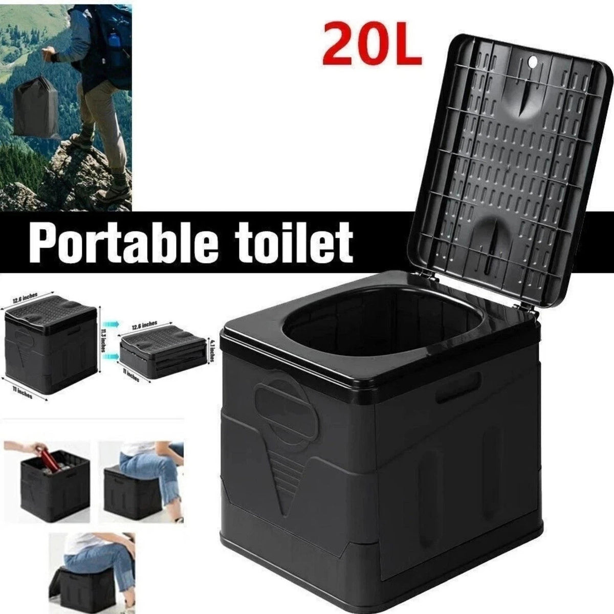 Portable Camping Toilet 20L Foldable Potty for Car Travel & Hiking Emergency