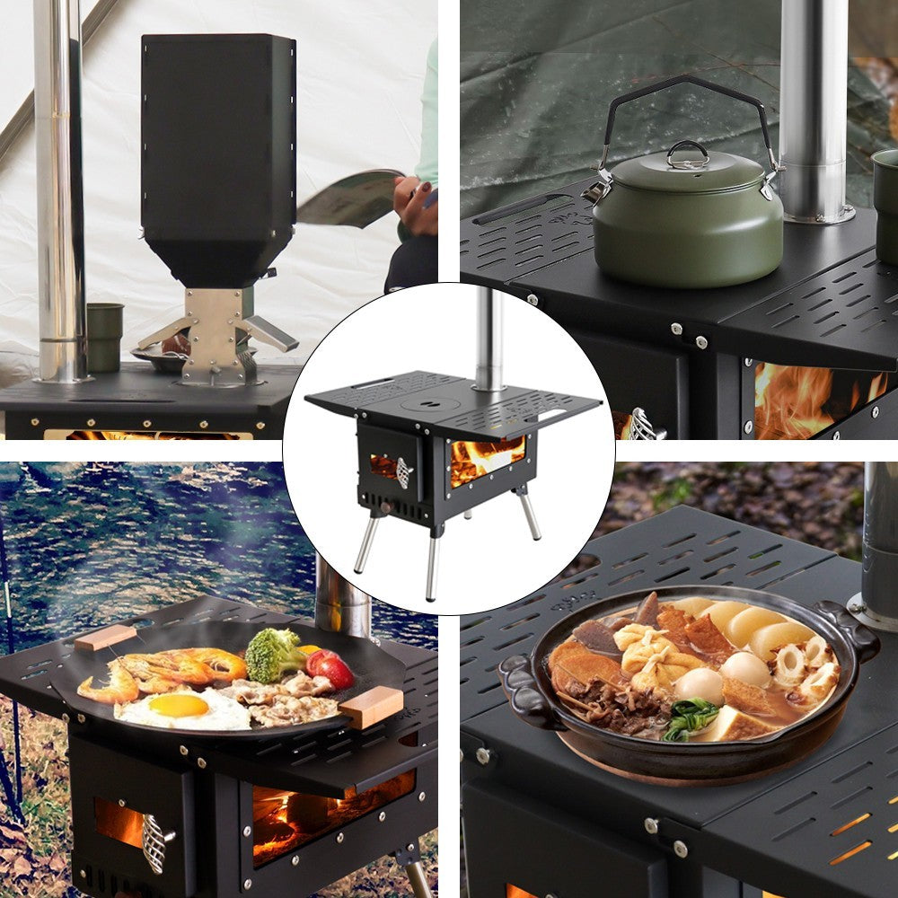 Foldable Camping Wood Stove with Chimney & Accessories - Portable Outdoor Heater & Cooker