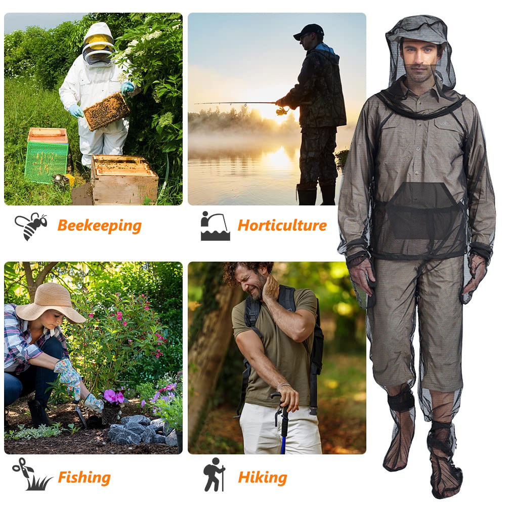 Unisex Mosquito Suit Jacket with Hood and Mitts Outdoor Mesh Bug Protection