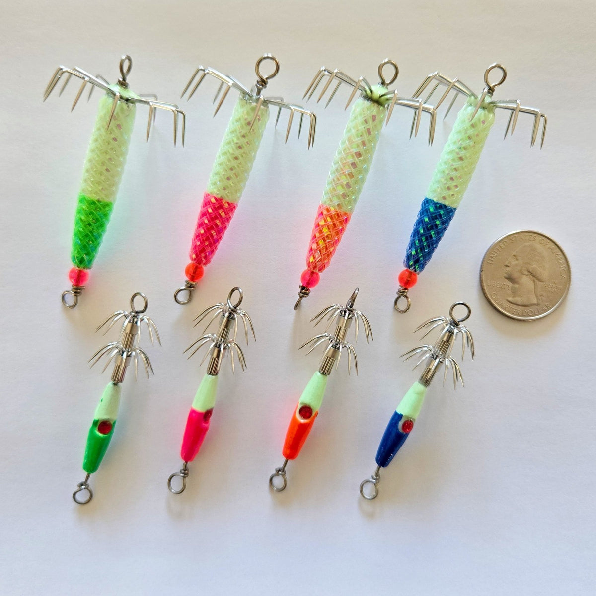 8-Piece Glow-in-Dark Squid Jigs Set for Fishing - Multiple Weights & Colors