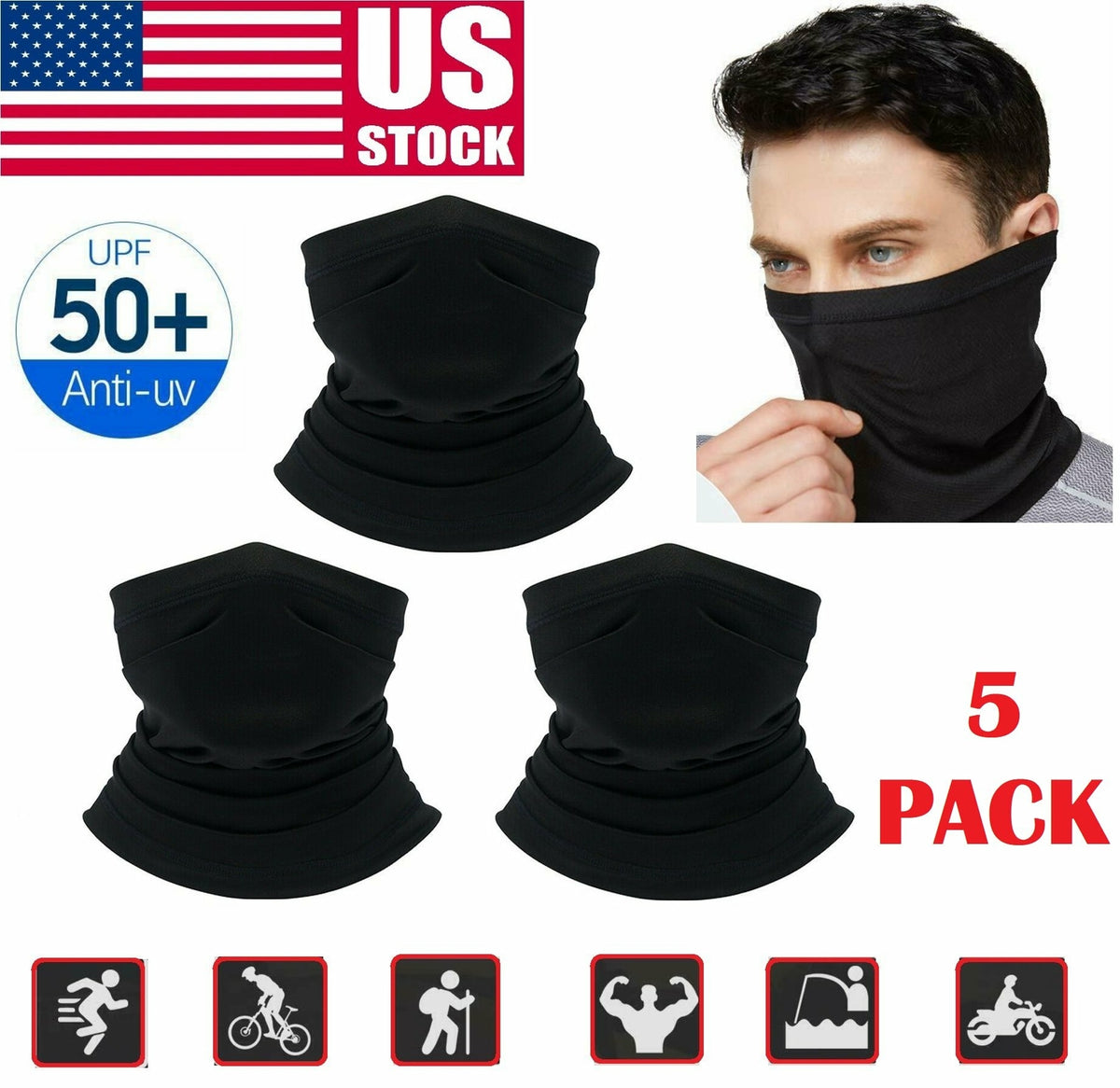 Pack of Multi-Functional Windproof Neck Gaiter Face Masks - Black & Gray