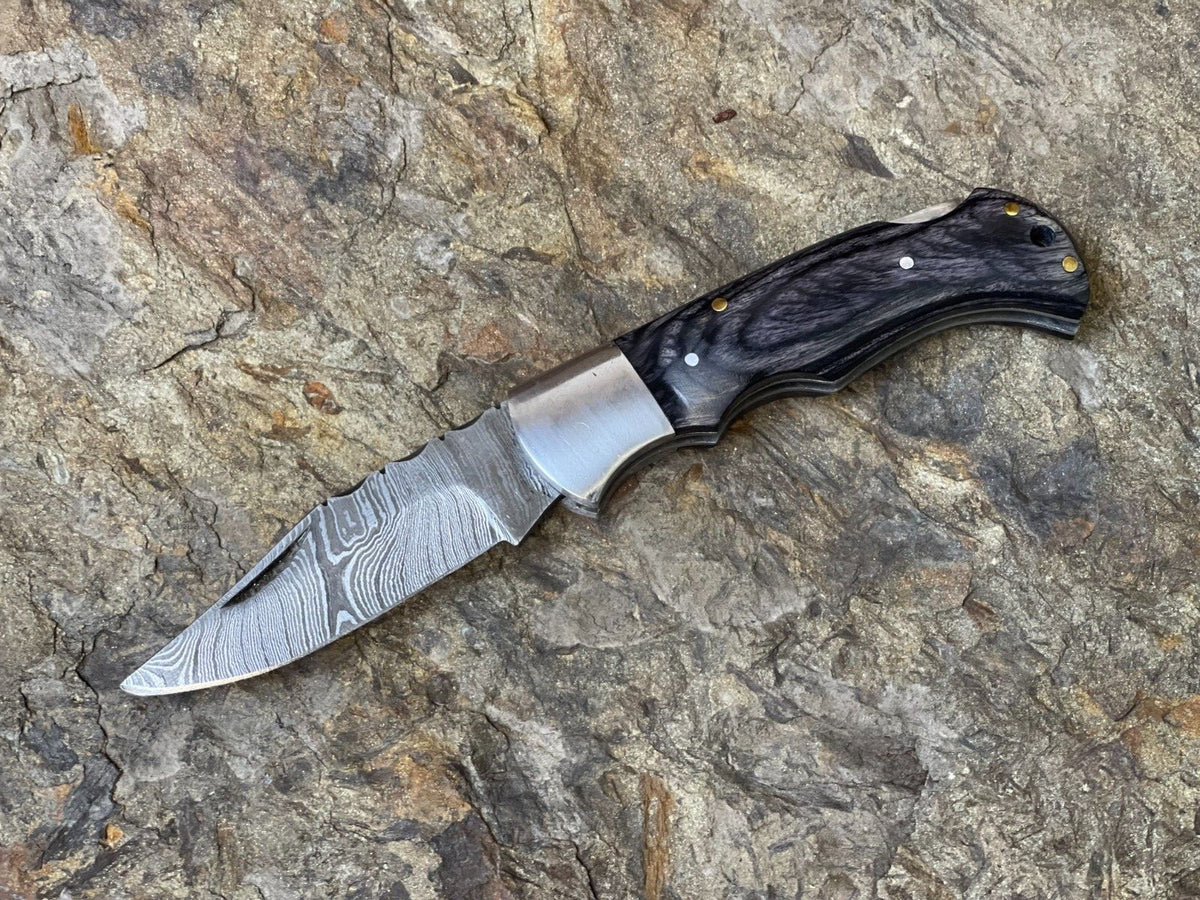 Damascus Folding Pocket Knife with Small Defects Handmade, Multiple Variants