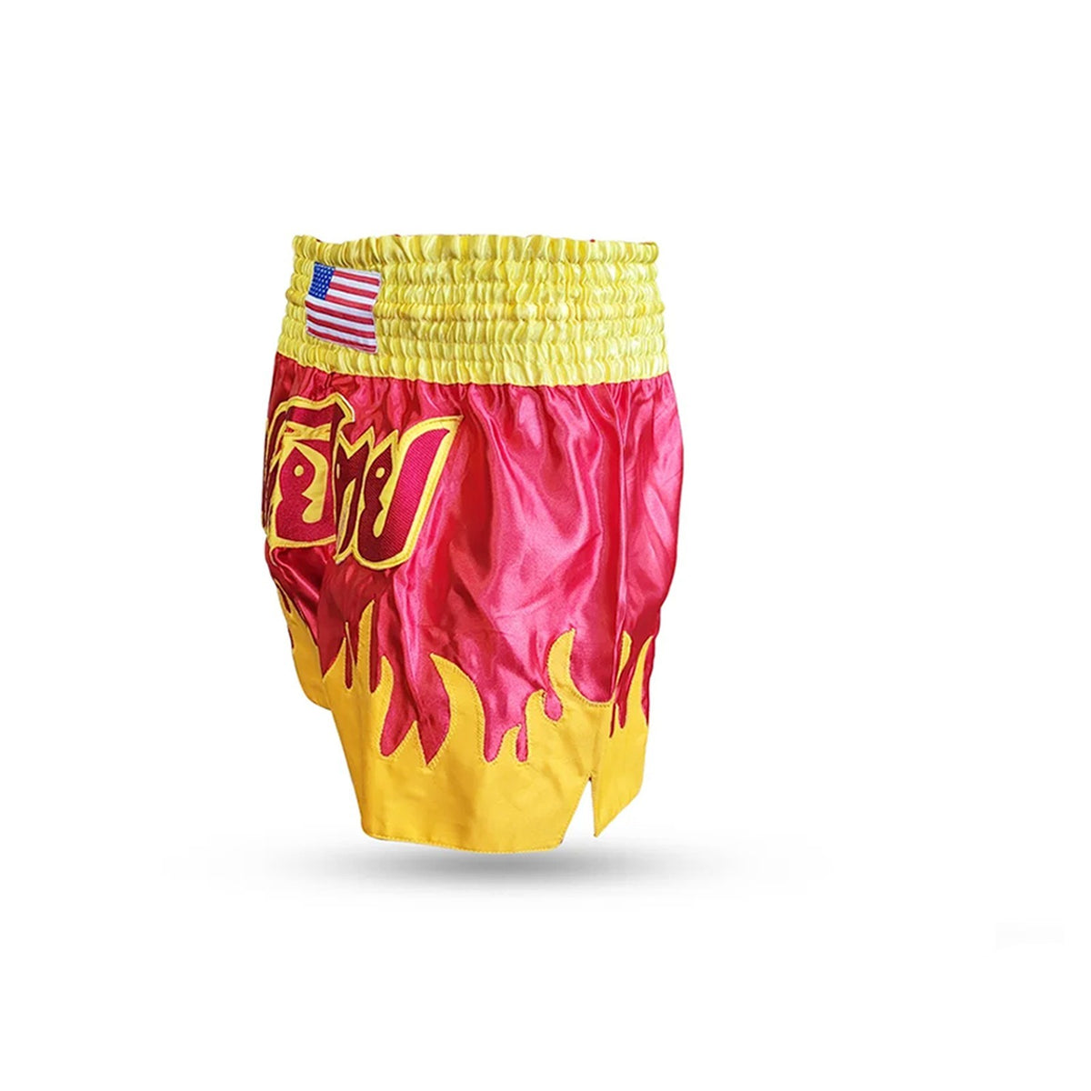 Men's Satin Muay Thai Boxing Shorts - Red & Yellow Fight Shorts for MMA Kickboxing