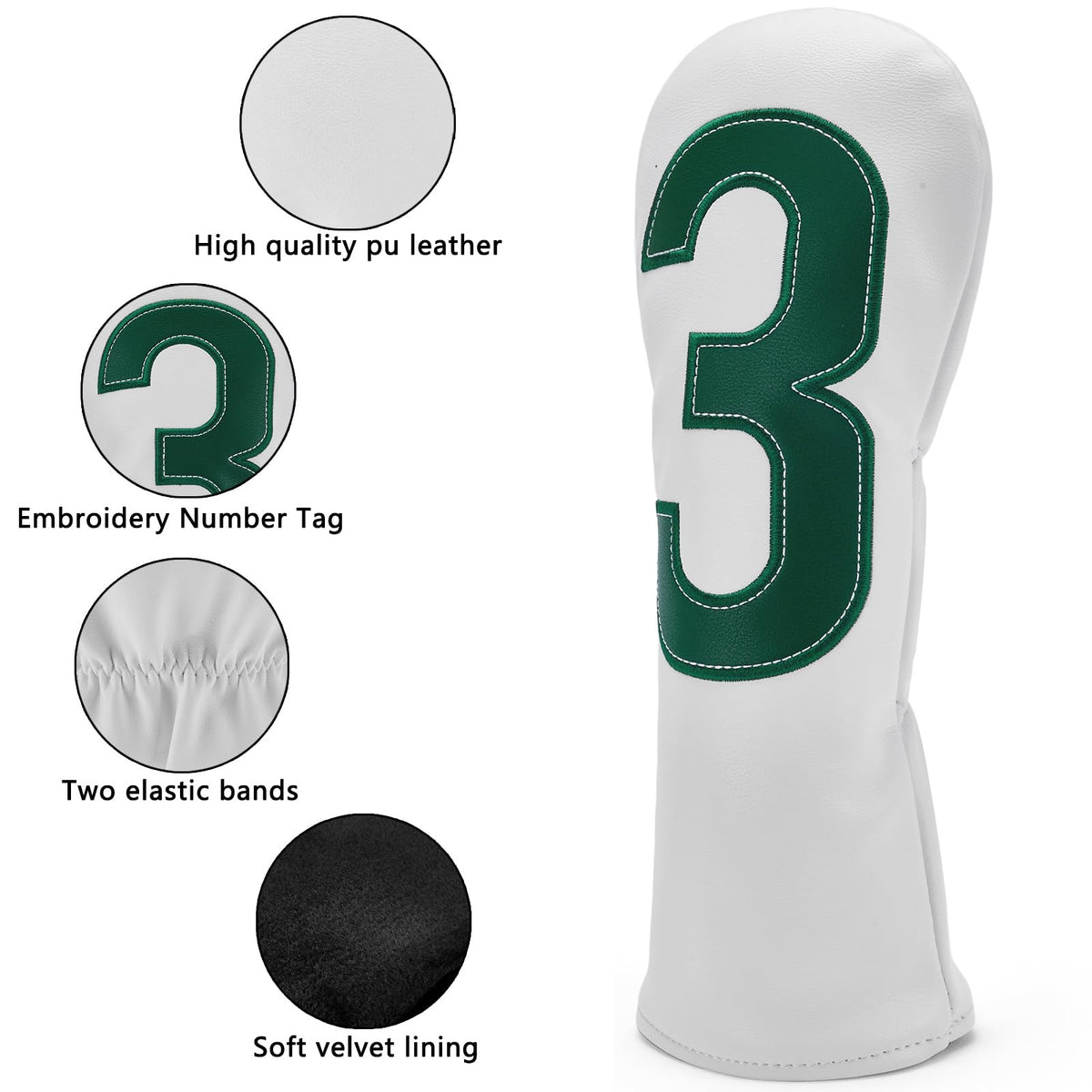 Golf Club Fairway Wood Head Cover PU Leather 3 White Protector