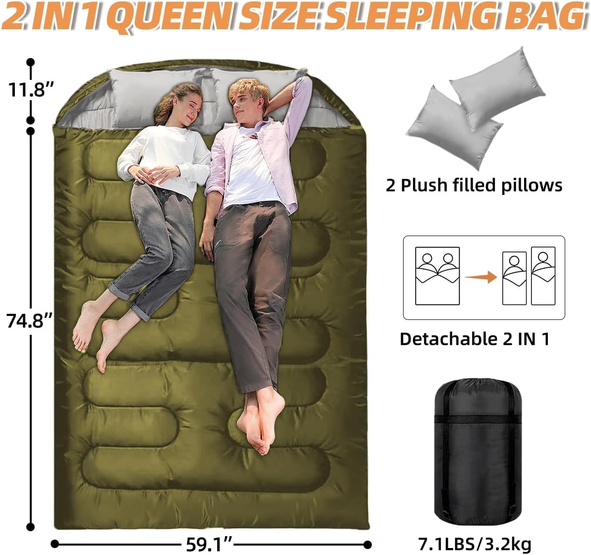 Double Sleeping Bag for Adults Queen Size XL, 2-Person Waterproof Camping Bed with 2 Pillows